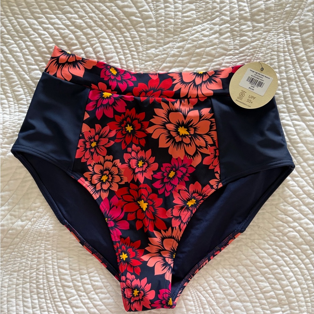 DownEast Navy High-Waist Bikini Bottoms with Pink & Coral Floral Print